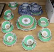 A green gilt tea set and some Adams blue and white china