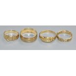 An 18ct gold and diamond ring and three 9ct gold rings.