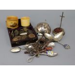 Small quantity of silver, assorted coinage, 14k brooch, silver pill box and sundries