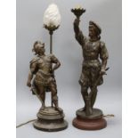 Two bronzed spelter figural lamps tallest 57cm excl. shade