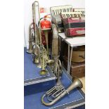 Ten assorted brass instruments