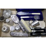A quantity of assorted silver including brushes, cup, scent bottle cased fish servers and pierced