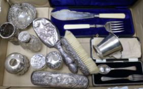 A quantity of assorted silver including brushes, cup, scent bottle cased fish servers and pierced