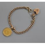 A 9ct gold chain bracelet with padlock clasp mounted with a 1902 half sovereign.