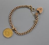 A 9ct gold chain bracelet with padlock clasp mounted with a 1902 half sovereign.