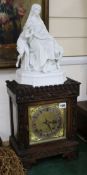 An Edwardian parian-topped oak mantel clock, figural mounts overall height 66cm