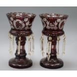 A pair of Bohemian ruby flashed glass table lustres height 26cm