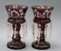 A pair of Bohemian ruby flashed glass table lustres height 26cm