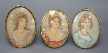 Three framed miniature portraits of ladies