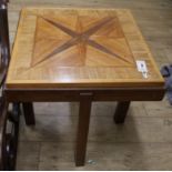 An Art Deco walnut table with square parquetry starburst top W.60cm