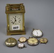 A brass cased carriage timepiece, three pocket watches , a fob watch & two wrist watches
