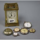 A brass cased carriage timepiece, three pocket watches , a fob watch & two wrist watches