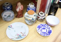 A quantity of Oriental ceramics and two pictures