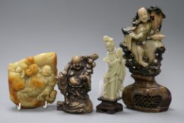 Three Chinese soapstone carvings and a resin figure of Budai tallest 21cm