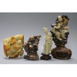 Three Chinese soapstone carvings and a resin figure of Budai tallest 21cm