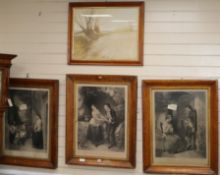 Three Victorian maple framed engravings, overall 68 x 50cm and a later landscape print