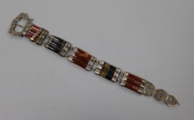 A late Victorian engraved white metal and banded agate link bracelet, with buckle clasp, overall