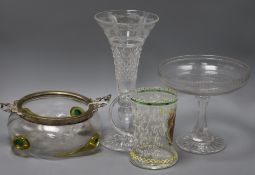 A masonic tankard, an Art Nouveau style bowl, a vase and a tazza tallest 29.5cm