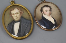 Two 19th century watercolour miniature portraits, one of a young gentleman wearing a white stock and