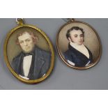 Two 19th century watercolour miniature portraits, one of a young gentleman wearing a white stock and