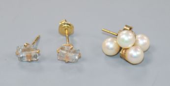 A pair of 9ct gold and twin cultured pearl earrings and one other pair of earrings.