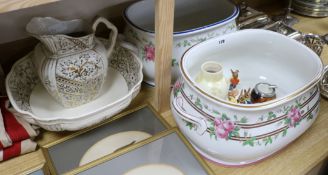 A quantity of ceramics including Bunnykins, 2 Minton foot baths circa 1840-60, an ashtray etc.