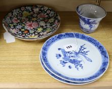 Two Chinese 'hundred flowers' circular shallow bowls, Qianlong mark but later and three other items,