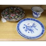 Two Chinese 'hundred flowers' circular shallow bowls, Qianlong mark but later and three other items,