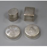 Two modern silver mounted ring boxes and two modern silver boxes including "My First Curl".