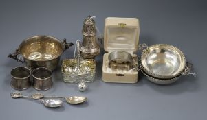 A small collection of silver and plated items, including a Mappin & Webb silver presentation cup
