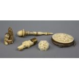 A Victorian ivory whistle modelled as the head of a hound and four other items, including a carved