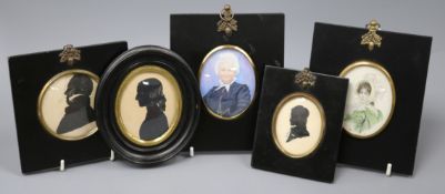 A collection of five miniature portraits and silhouettes