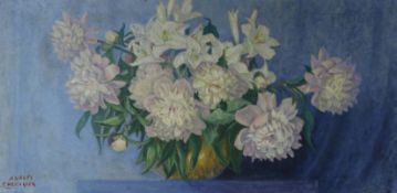 Andree Chevalier, oil on canvas, Still life of flowers in a vase, signed, 50 x 100cm