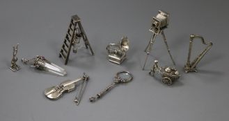 Eight assorted Italian and other white metal miniature items, including gramophone, plate camera