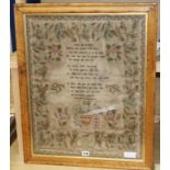 A George IV needlework sampler dated 1826, maple framed 61.5 x 48cm excl. frame