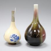 A Chinese blue and white bottle vase and a flambe bottle vase, Kangxi or later tallest 19.5cm