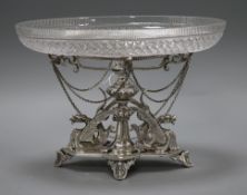 A Victorian silver plated centrepiece, decorated with dragons and chains glass dish length 28cm