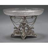 A Victorian silver plated centrepiece, decorated with dragons and chains glass dish length 28cm