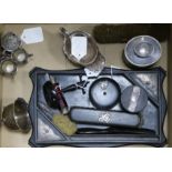 An ebonised silver-mounted six-piece dressing table set, a Chinese octagonal silver mustard and