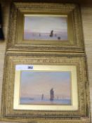 William Jenner, pair of oils on board, Shipping at sea at sunset, signed, 14 x 22cm