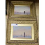 William Jenner, pair of oils on board, Shipping at sea at sunset, signed, 14 x 22cm