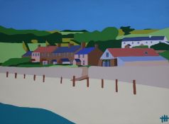 Tom Holland, acrylic on canvas, Coastal village, monogrammed, 30 x 41cm, unframed