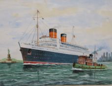 F. Patterson, 2 watercolours, 'The Empress of France' and 'Queen Elizabeth leaving New York City',