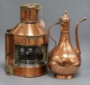 A ship's lantern and a copper ewer tallest 47cm