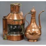 A ship's lantern and a copper ewer tallest 47cm