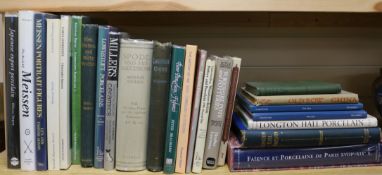 A quantity of reference books relating to porcelain ceramics including Bow, Chelsea and Derby