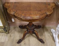 A Victorian burr walnut shaped topped card table (a.f.) W.103cm