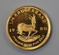 A South African 1980 gold 1/4 Krugerrand.