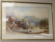 English School c.1900, watercolour, Estuary scene, monogrammed, 43 x 67cm