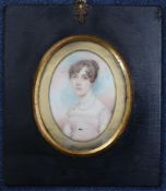 English School (early 19th century), watercolour on ivory, miniature portrait of a young lady